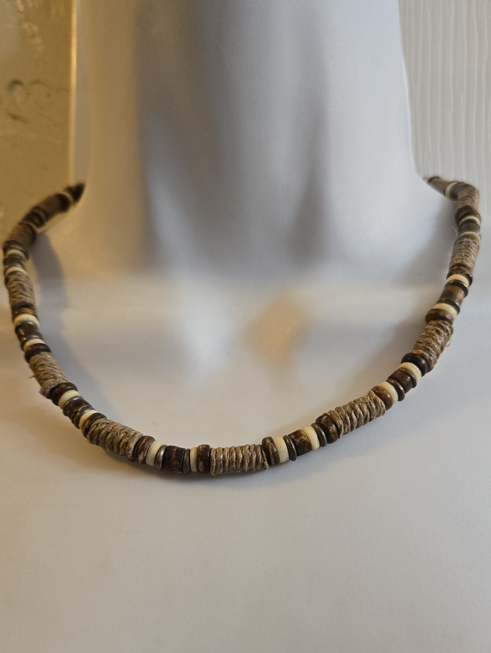 Vtg BOHO Leather Strung Beige Heishi Coconut Fiber Necklace Button Loop Clasp